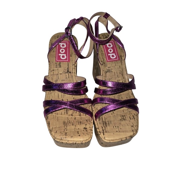 POP Platform Sandals Purple Strappy Chunky Heel Cork Square Toe Shoes - Picture 3 of 4